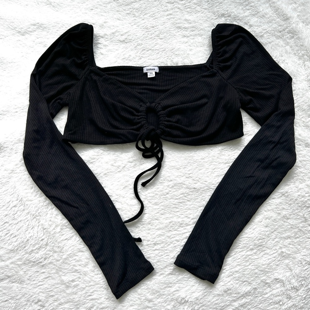 Garage black long sleeve tie front top